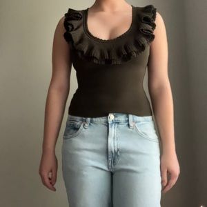 Express Army Green Ruffle Sculpting Body Contour Tank